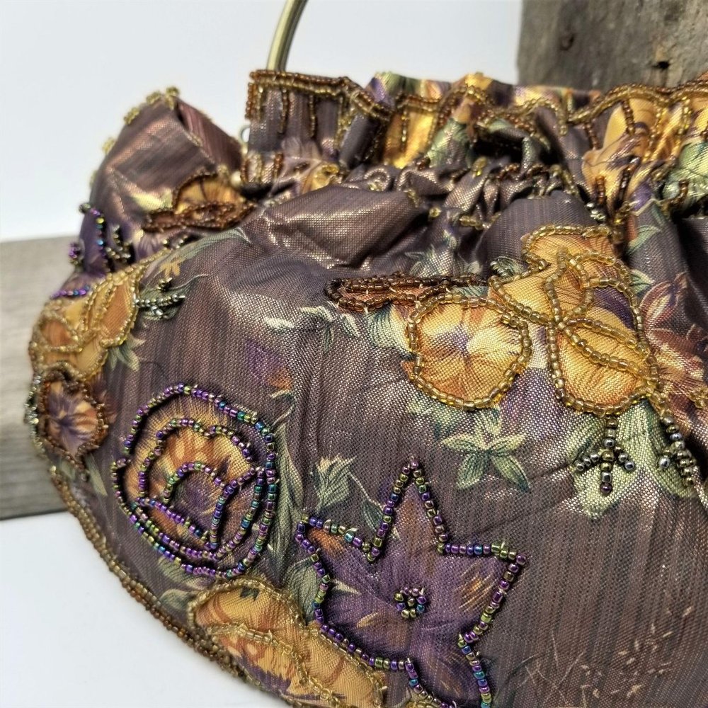 Metalic Beaded Purse 2 Handles Floral - Picture 3 of 9